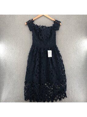 CHI CHI LONDON Dress Womens 2 Roma Navy Fit & Flare Off Shoulder Cocktail NWT